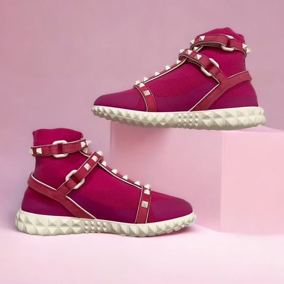 Valentino Pink Rockstud High top stretch gladiator sneakers 5 35 Barbie Preppy - Picture 1 of 16